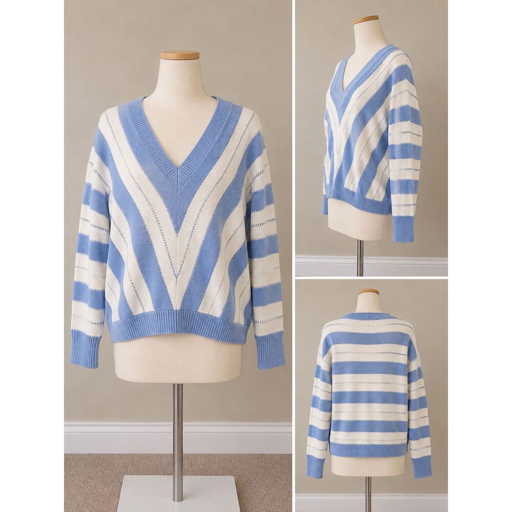 PrettyGarden Womens Sweater Size M Blue White Chevron Stripe V-Neck NWT